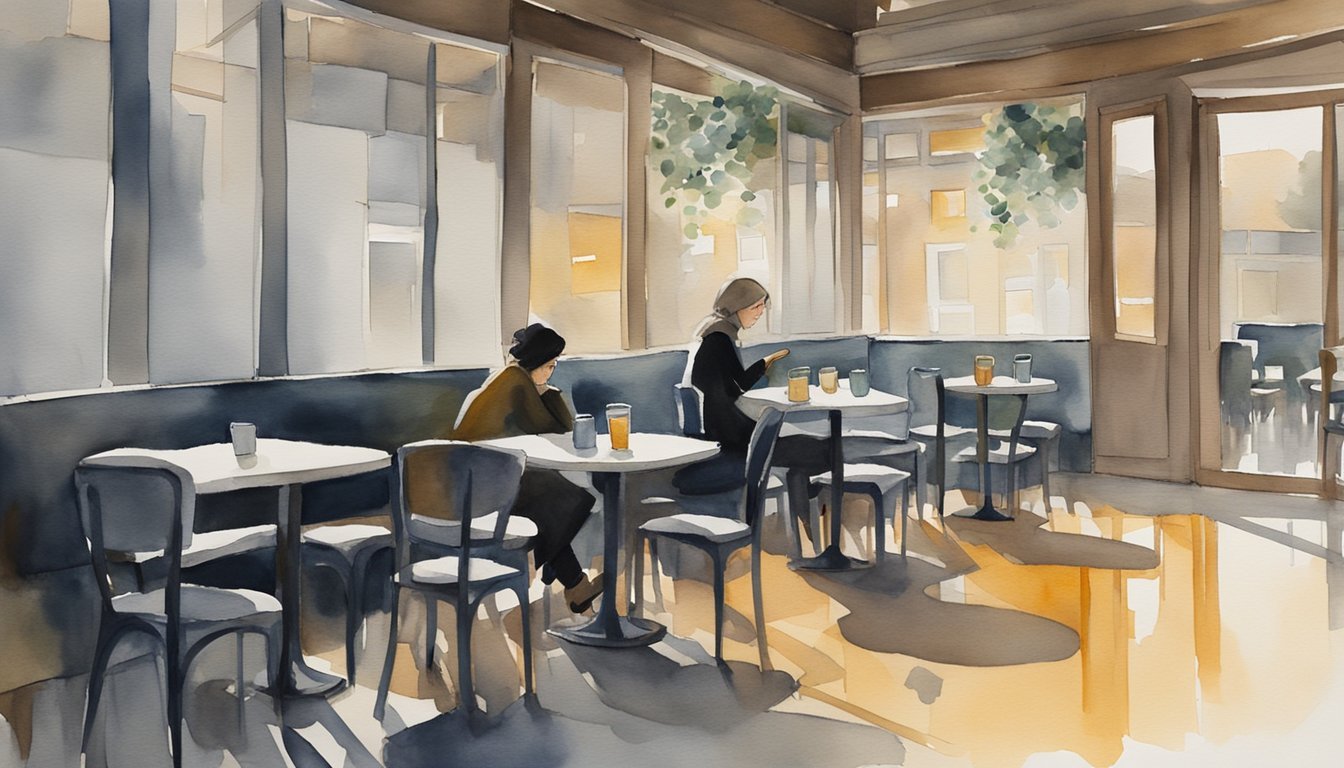 Watercolor painting of people in sunlit café.