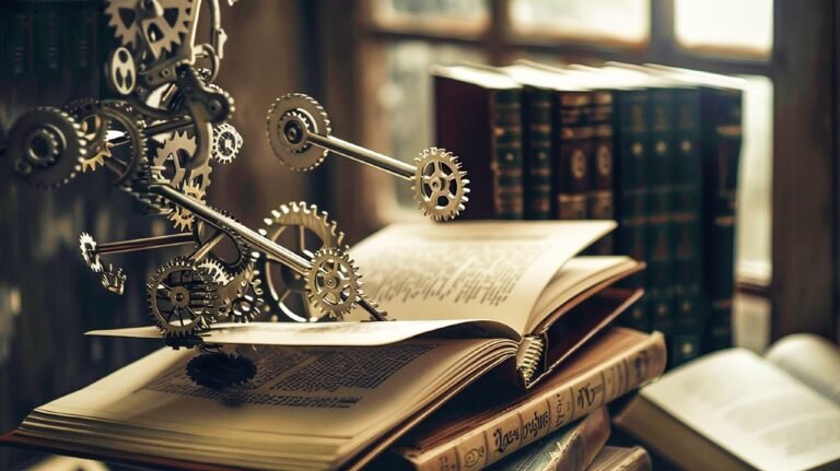 Steampunk gears on books in vintage library setting.