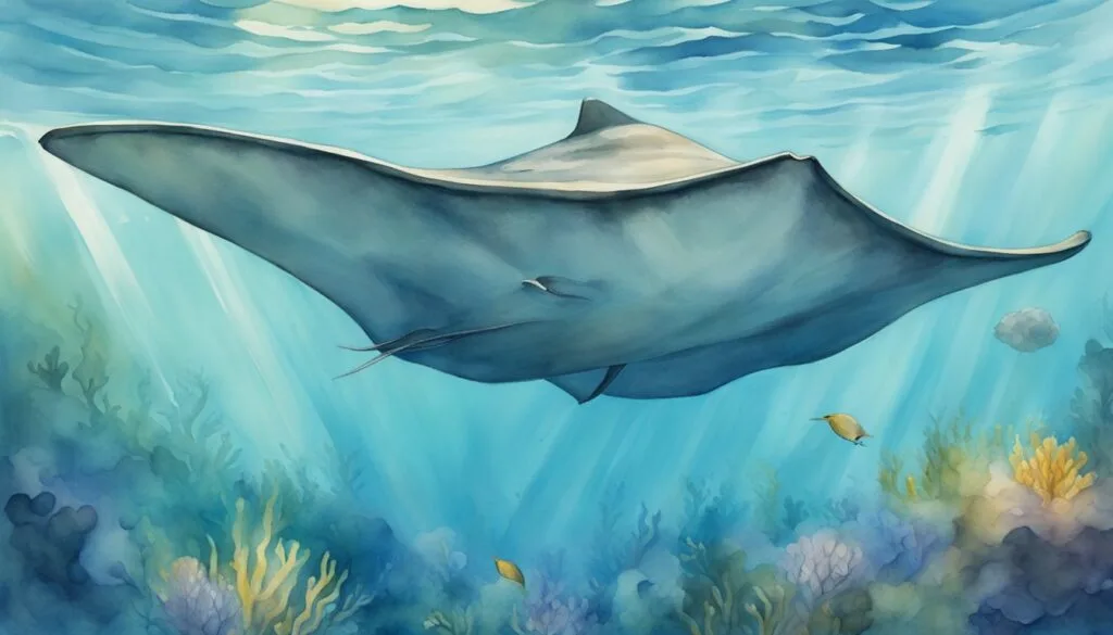 stingray swimming over coral reef, underwater illustration.
