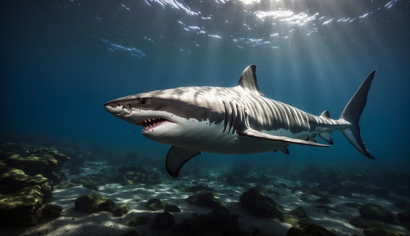 Great white shark swimming under ocean sunlight.