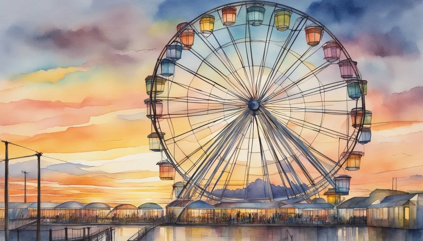 A towering ferris wheel rotates against a sunset sky, showcasing its intricate steel framework and brightly lit passenger cabins