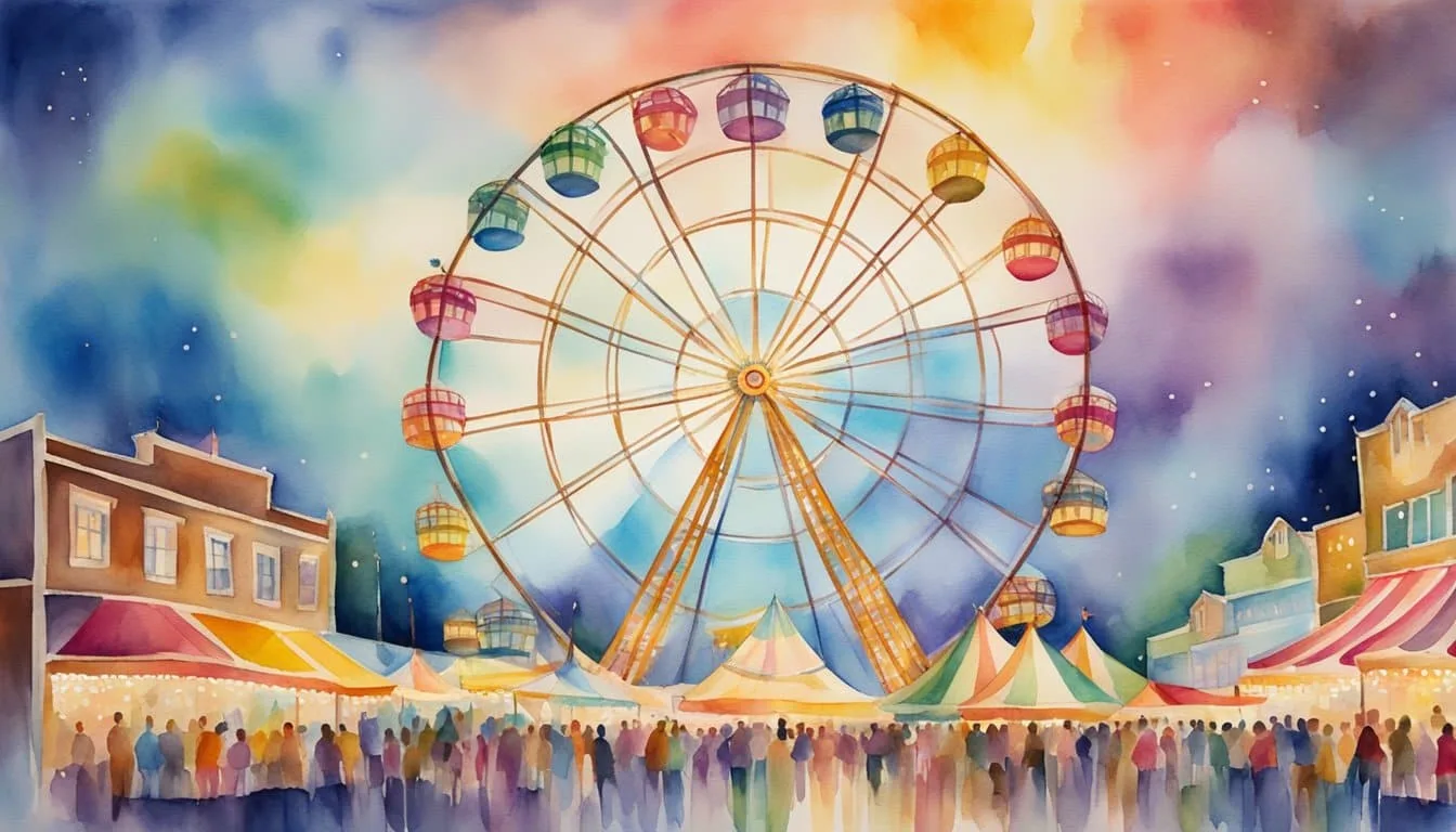 A brightly lit ferris wheel stands tall, adorned with vibrant colors and intricate patterns, symbolizing joy and excitement in the midst of a bustling carnival