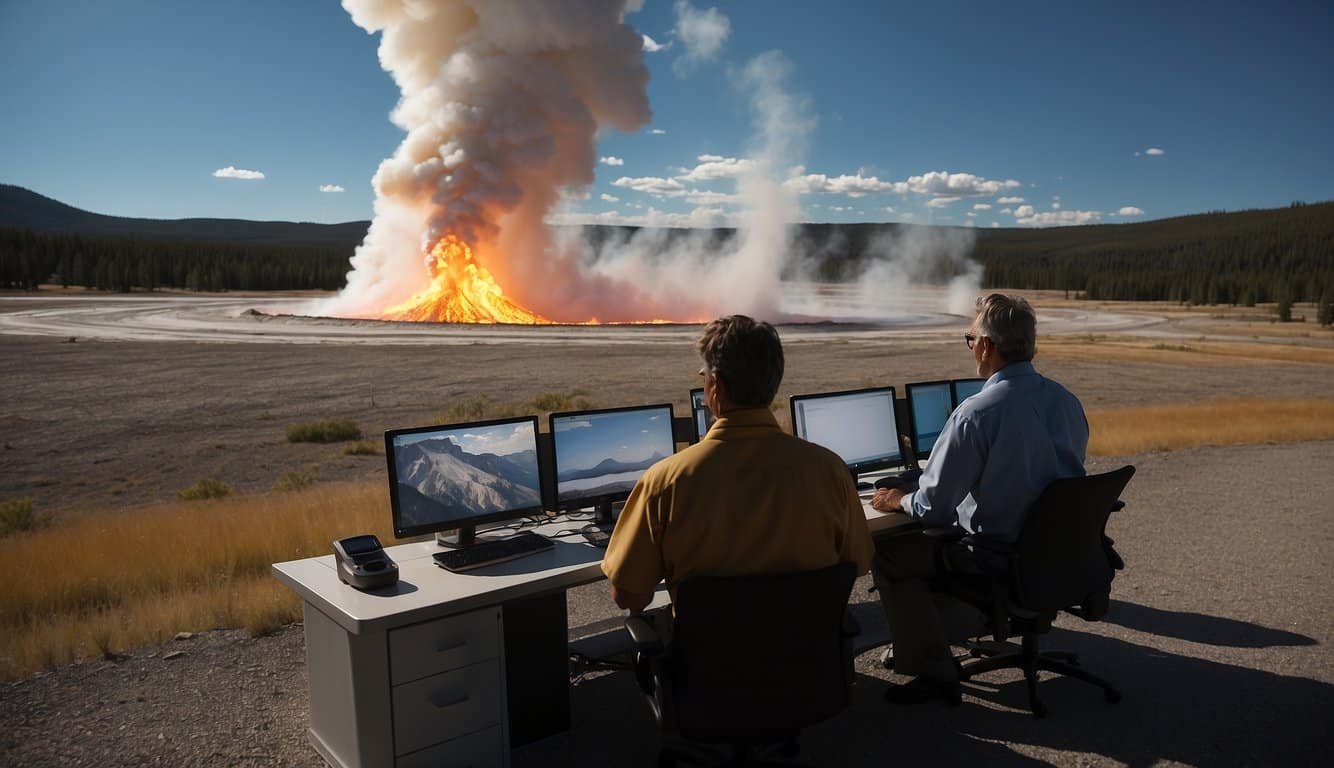 Scientists monitor data as the Yellowstone caldera erupts, while researchers analyze the impact on the surrounding environment