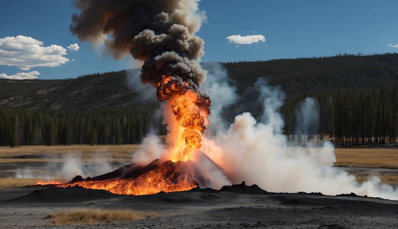 The Yellowstone caldera erupts, spewing ash and lava, causing widespread destruction and creating a massive plume of smoke and debris