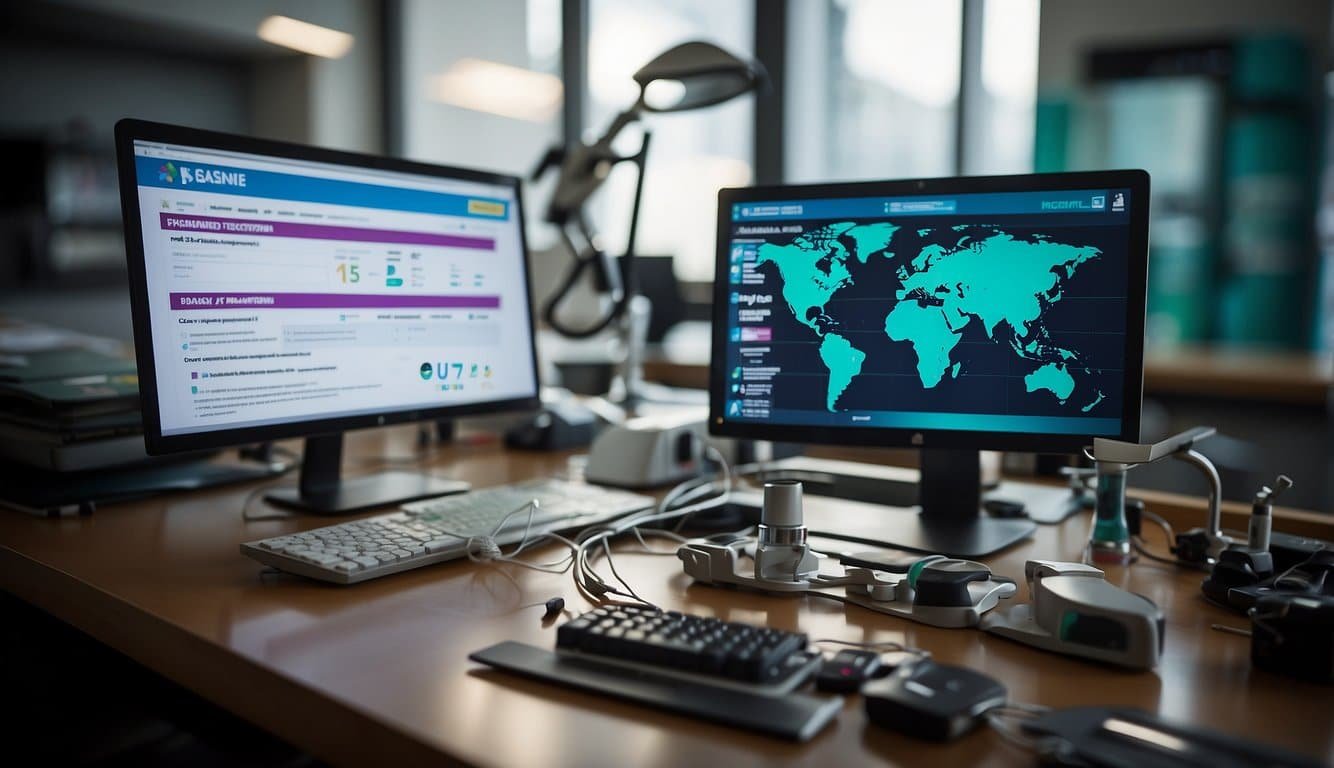 A microscope and genetic testing kit sit on a lab bench, while a computer screen displays the 23andMe website with a "banned" notification