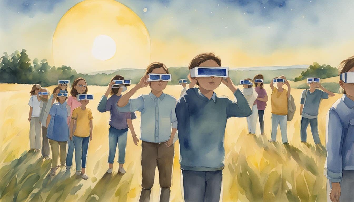 The scene shows a group of people wearing eclipse glasses, standing in an open field with clear skies, watching the 2024 solar eclipse along its path