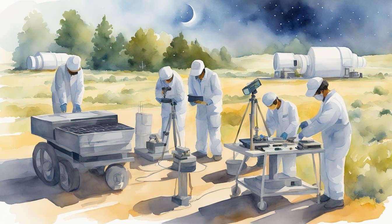 A group of scientists and engineers set up equipment along the path of the 2024 solar eclipse, preparing to conduct research and missions related to the rare celestial event