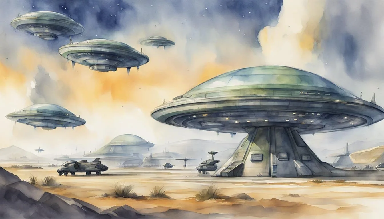 Alien spacecrafts hover over a military base, scanning for technological weaknesses. Defensive systems activate in response to the alien threat