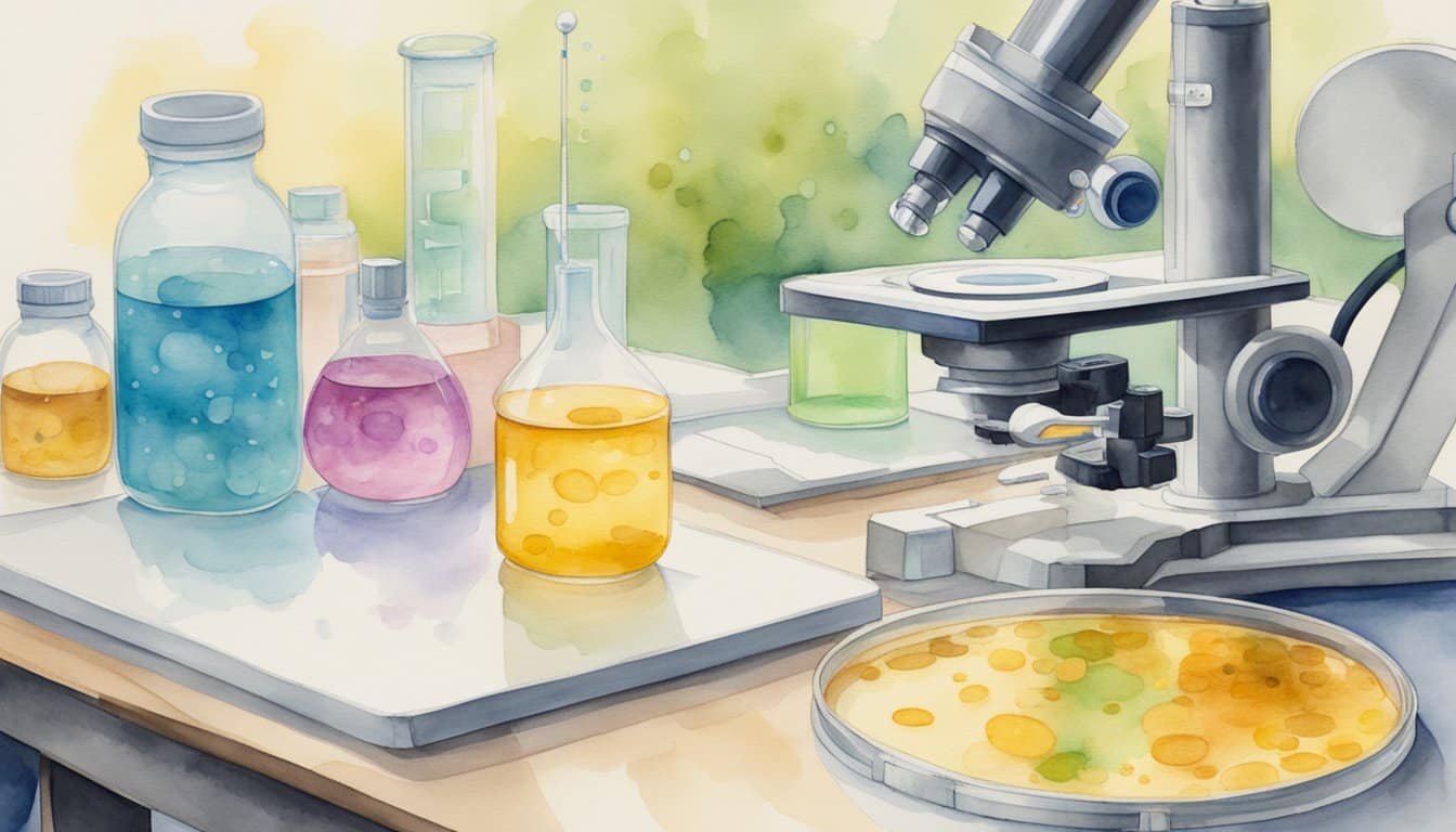 A petri dish shows antibiotic-resistant bacteria growing in a urine sample, while a microscope and diagnostic equipment are nearby