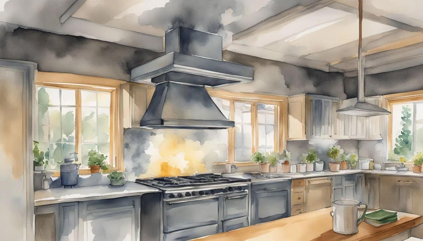A gas stove emits fumes into the air. A ventilation system works to clear the air, ensuring good air quality