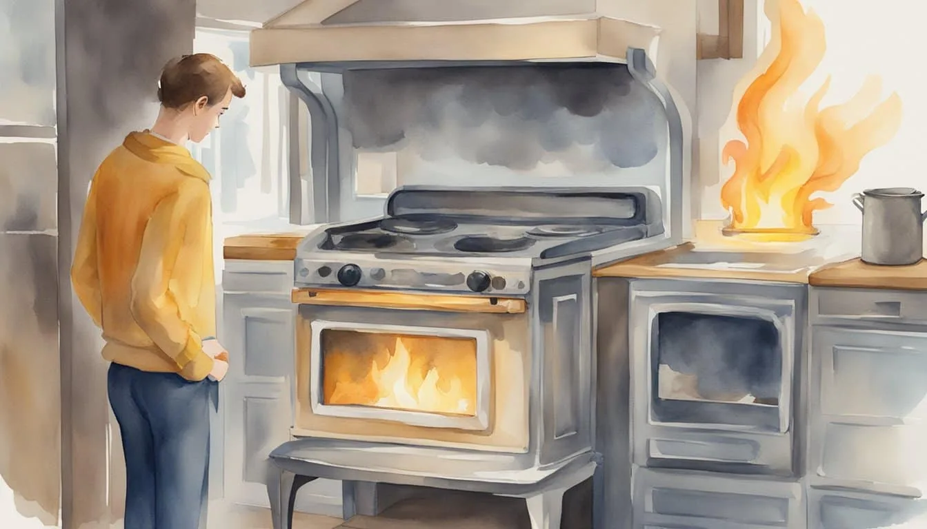 A gas stove emits flames with a warning label. A concerned consumer looks at the stove while regulatory documents are visible in the background