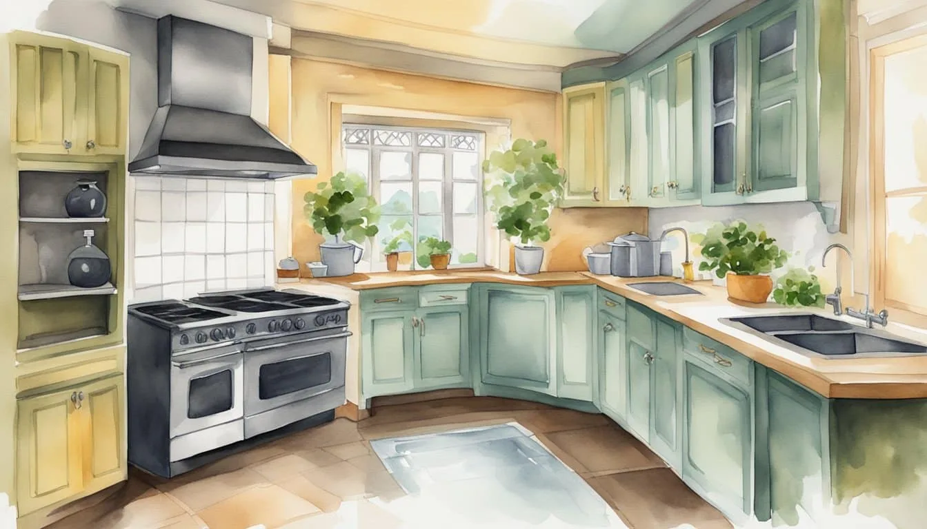 A kitchen with an electric induction cooktop and a ventilation system. A sign advertising incentives for switching to electric stoves