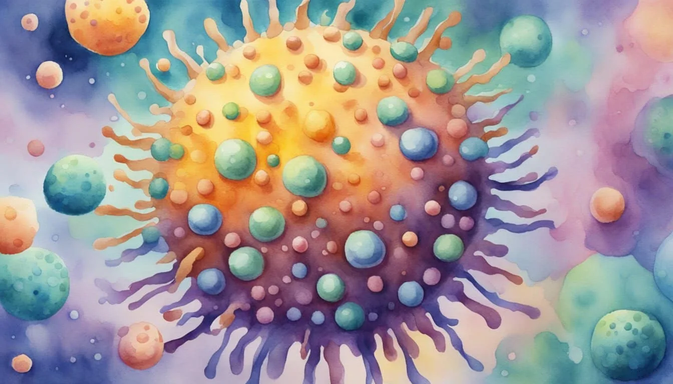 A virus replicates inside a host cell, releasing new viral particles. The host cell eventually bursts, releasing the new viruses to infect other cells