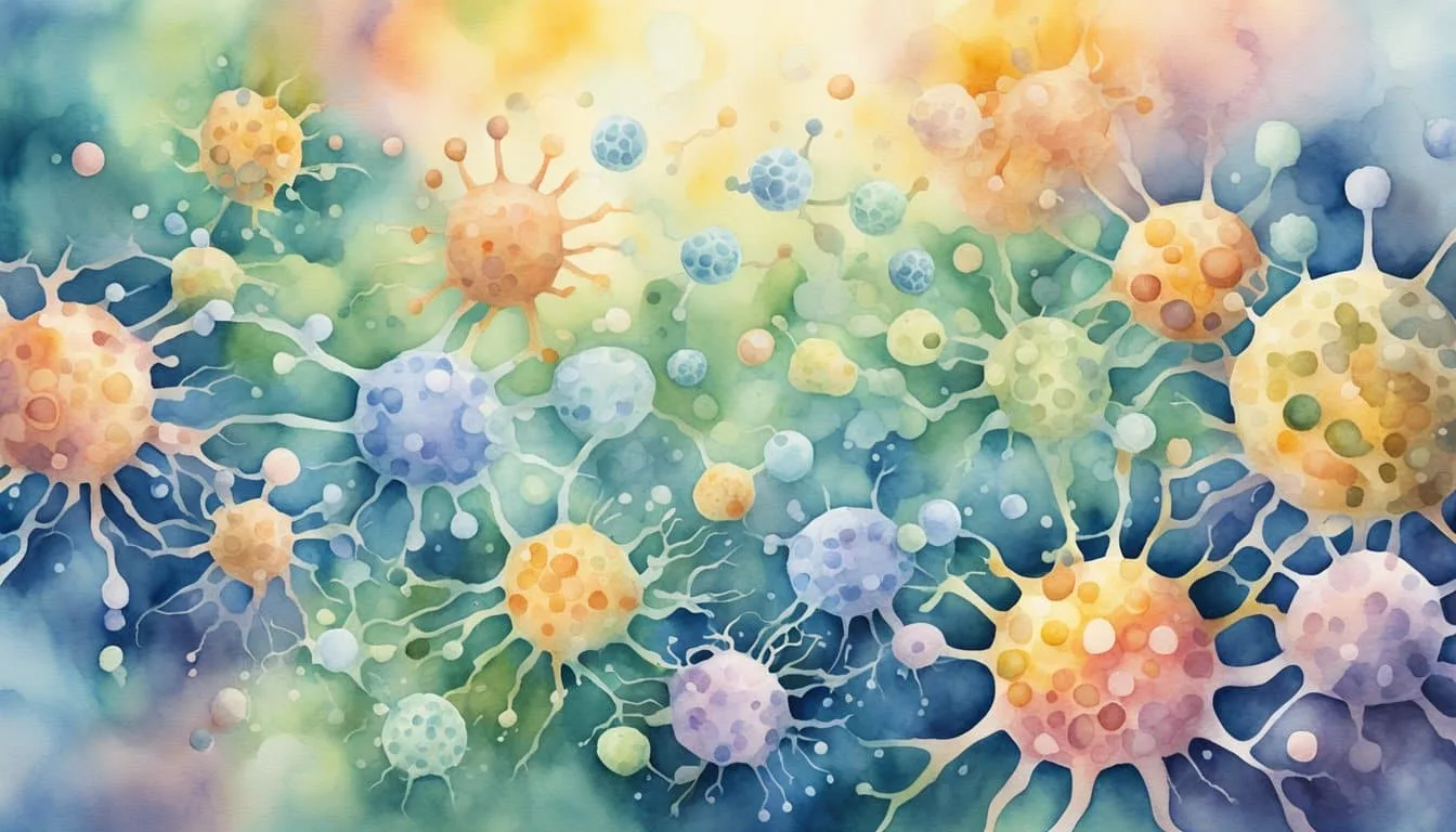 Viruses thrive in a chaotic environment of cells and molecules, representing the constant battle between disease and medicine
