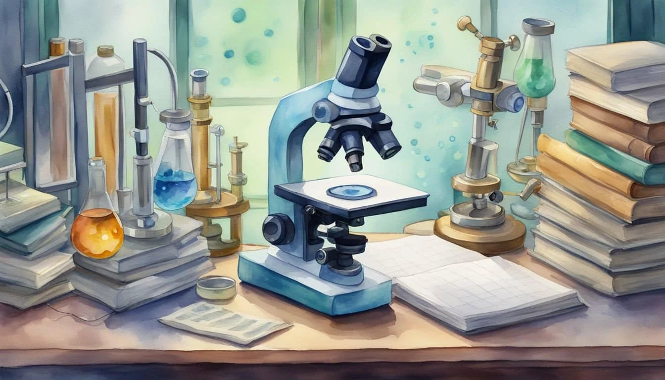 A microscope revealing a virus particle, surrounded by scientific equipment and textbooks, with a lively debate happening in the background