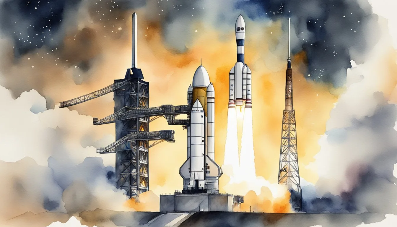 Chandrayaan-3 launch: rocket on the launchpad, countdown in progress, liftoff with fiery exhaust, ascending into the sky. Mission timeline: spacecraft journeying through space, orbiting the moon, landing on lunar surface