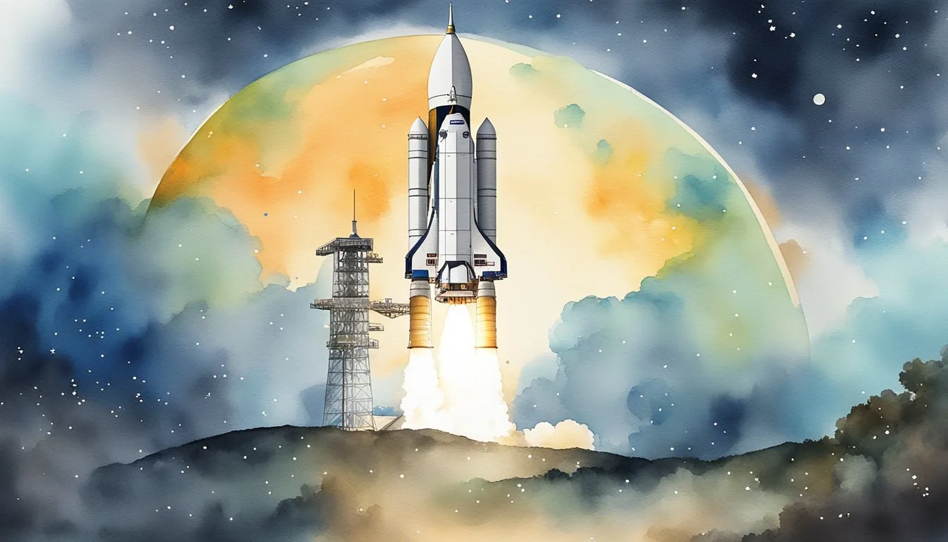 Chandrayaan-3 launches into the night sky, surrounded by a halo of stars and a backdrop of Earth
