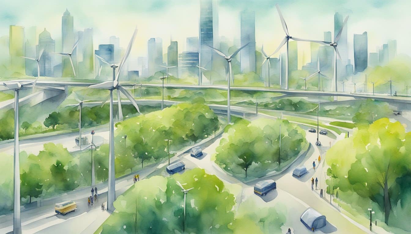 A bustling city with electric buses, bike lanes, and solar-powered streetlights, surrounded by wind turbines and green spaces