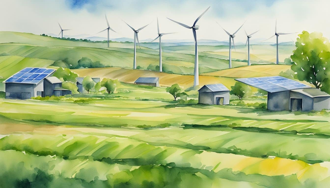 Lush green fields with wind turbines in the background.</p><p>Solar panels on farm buildings.</p><p>Recycling bins next to produce stands