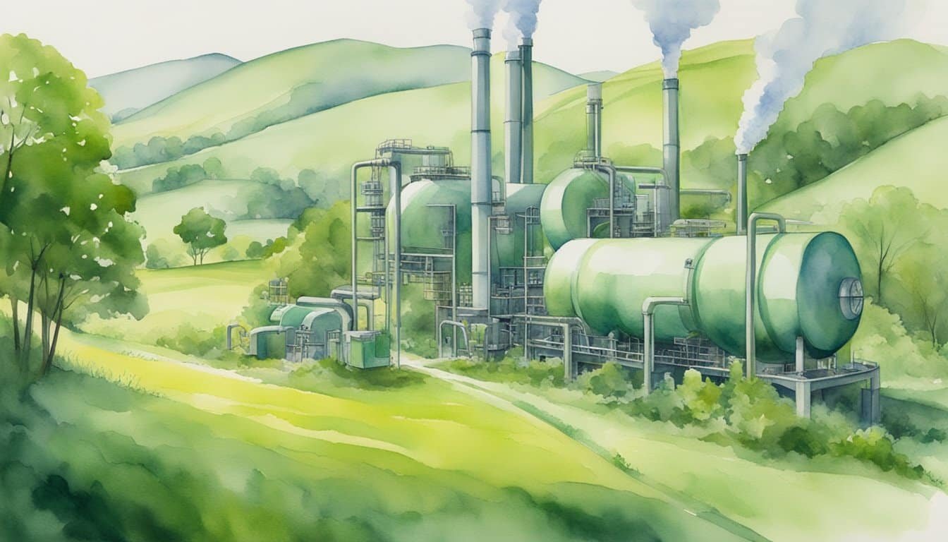 Lush green landscape with industrial carbon capture machines blending into the natural surroundings, showcasing the harmonious coexistence of technology and nature in combating climate change