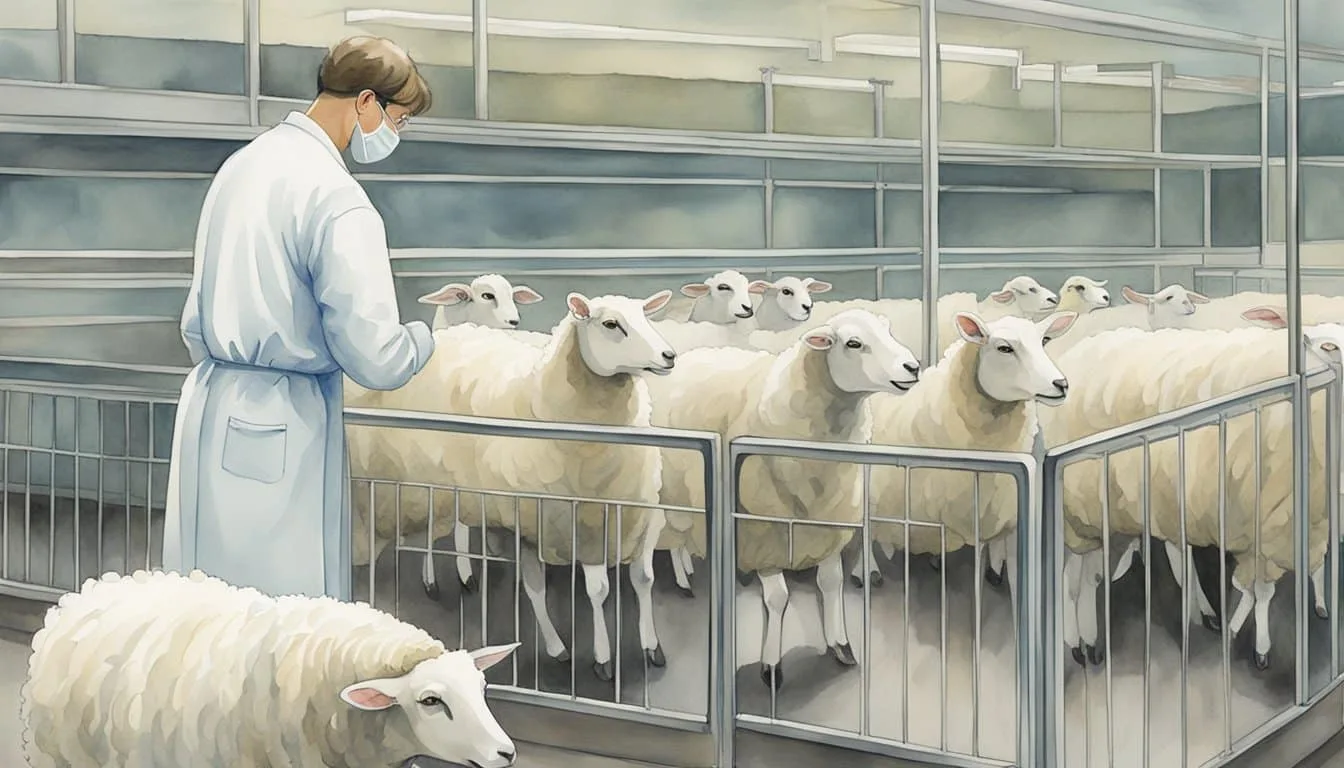 A lab technician carefully examines two identical sheep in a sterile environment, showcasing the ethical and impactful nature of cloning