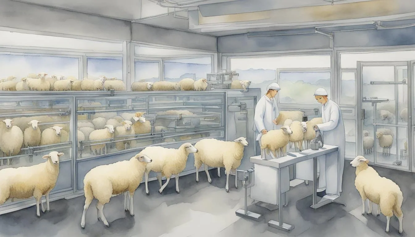 A lab with cloning equipment and a group of cloned sheep