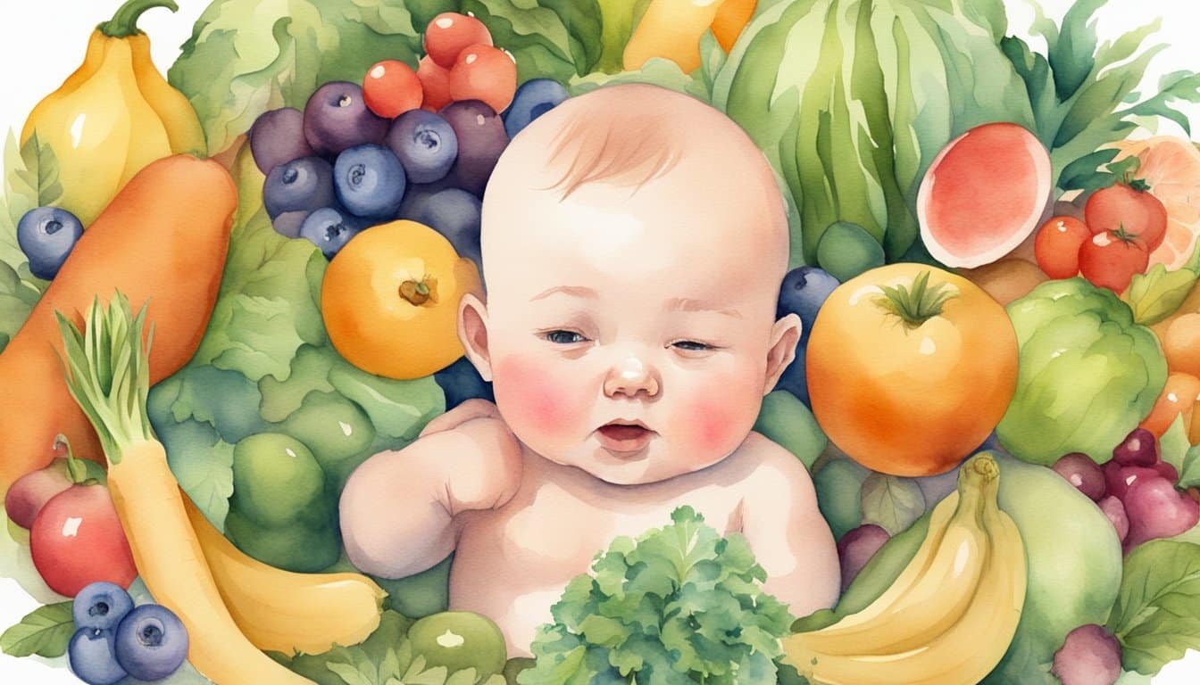 A crying baby surrounded by healthy fruits and vegetables