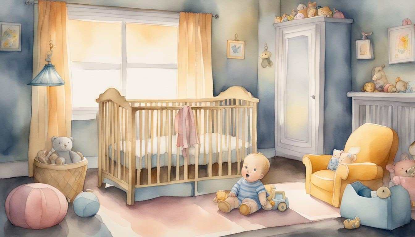 A baby cries in a dimly lit nursery, surrounded by toys and a cozy crib