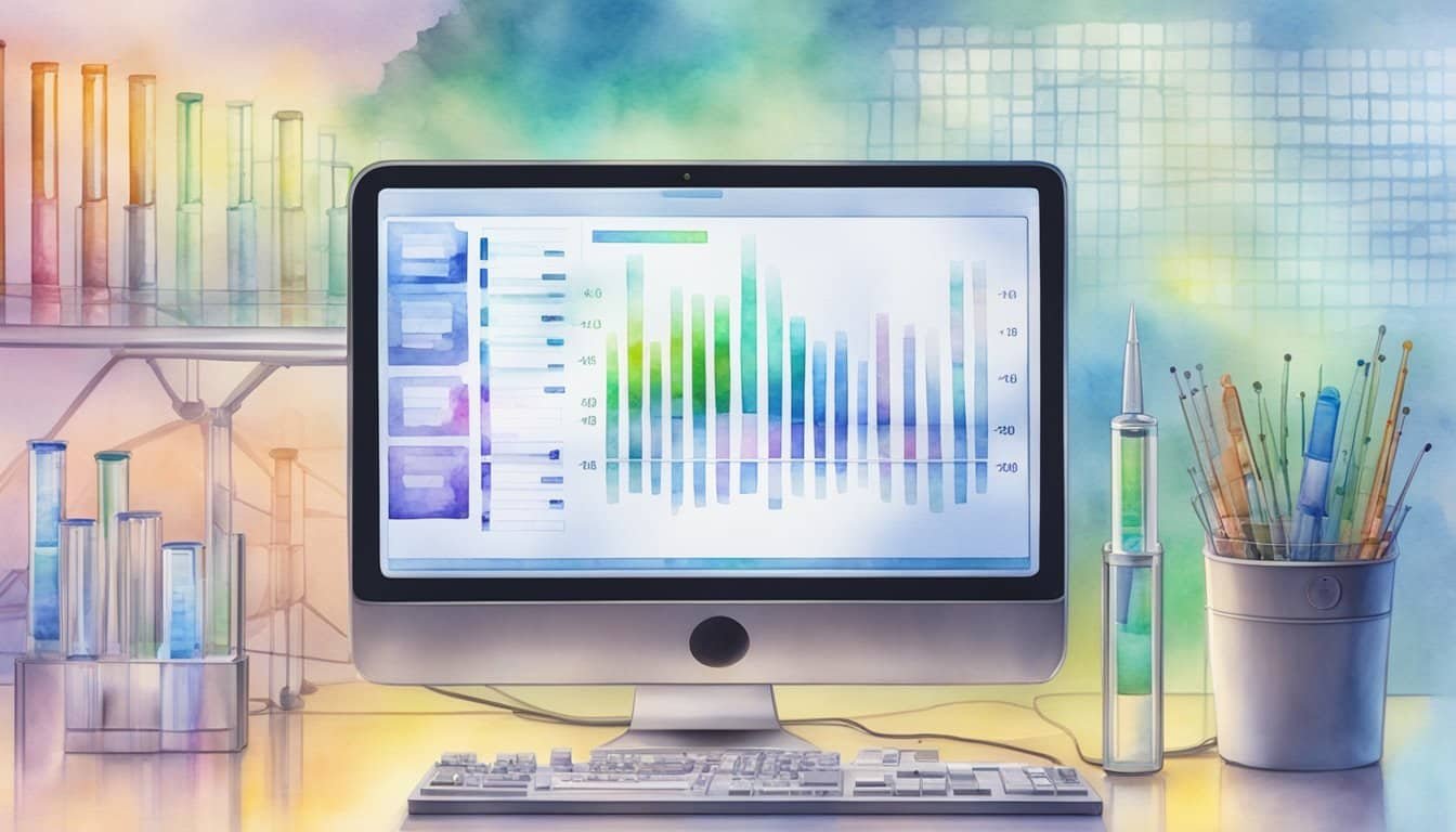 A scientist pipettes DNA into a test tube, with a computer monitor displaying data in the background