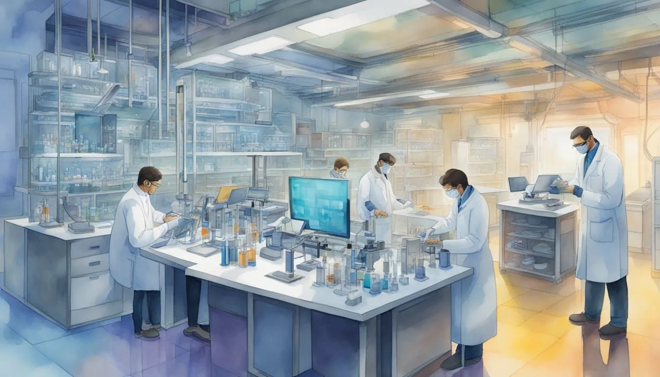 Scientists work in a lab, surrounded by high-tech equipment. They manipulate DNA strands and input data into a futuristic storage system