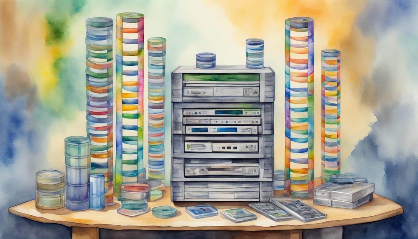 A DNA double helix intertwines with various storage media, including hard drives, tapes, and optical discs, symbolizing the comparative analysis of DNA data storage