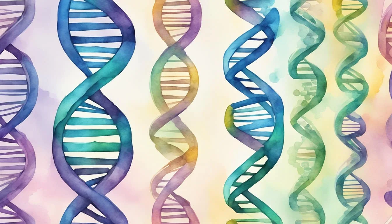 DNA strands intertwine in a test tube, labeled with data storage symbols