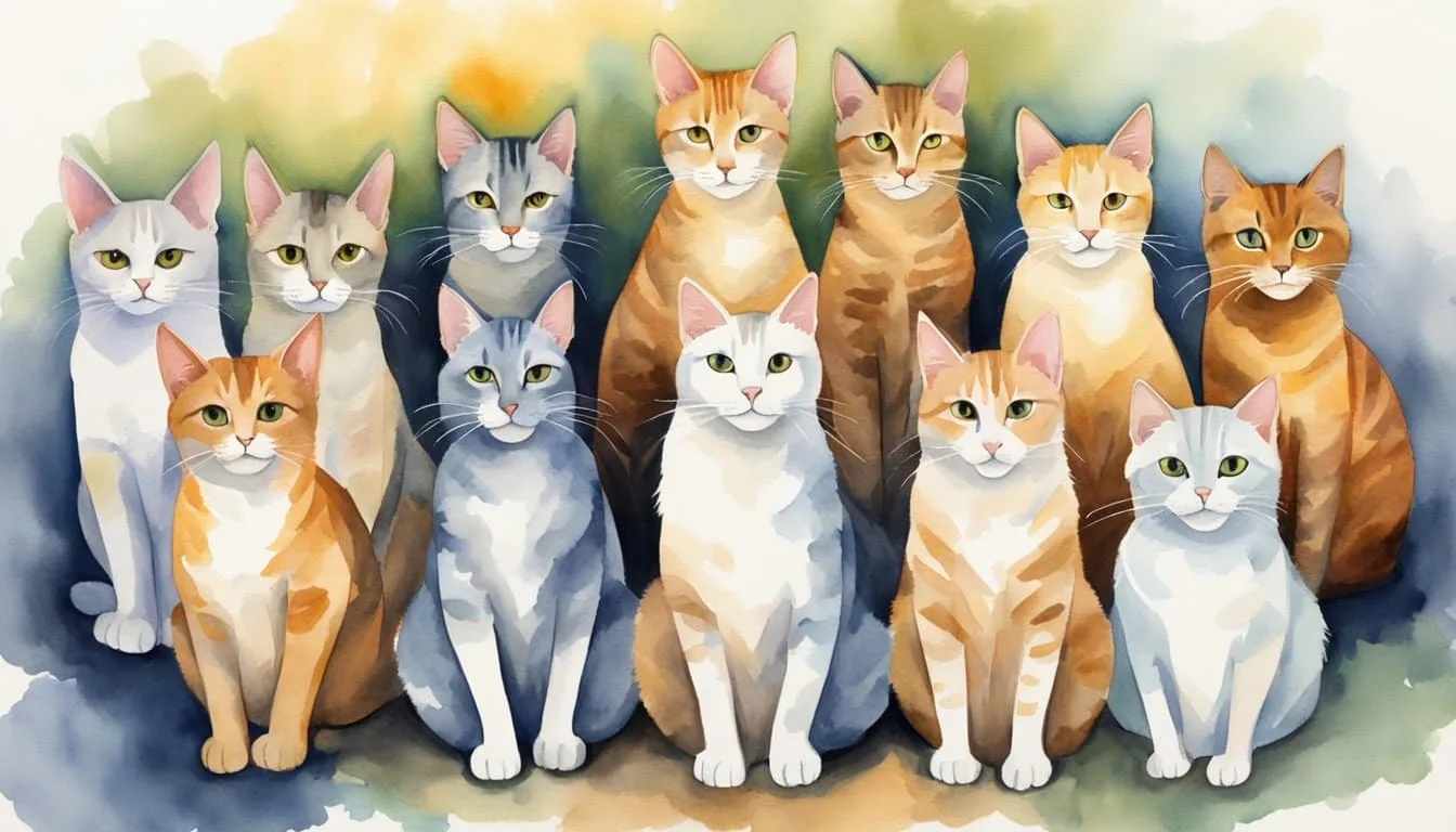 Cats sit in a circle, ears perked, as their names are called. One cat looks up, acknowledging its name