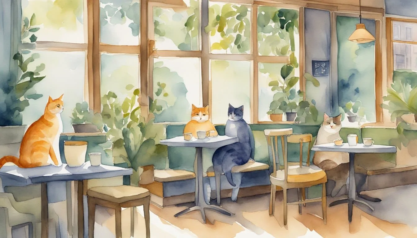 Cats lounging in a cozy café, perking up at familiar sounds