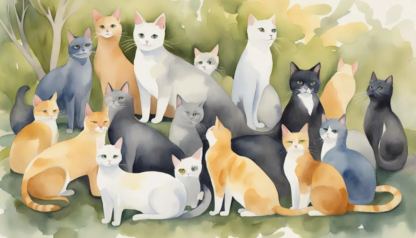 Cats gather around a person speaking their names. Some cats look up with interest, while others continue grooming or lounging
