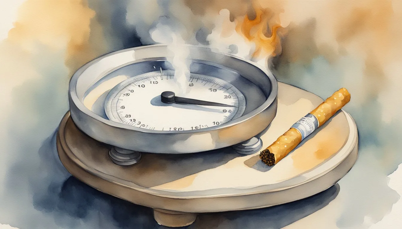 A cigarette burning next to a scale with fluctuating weight numbers