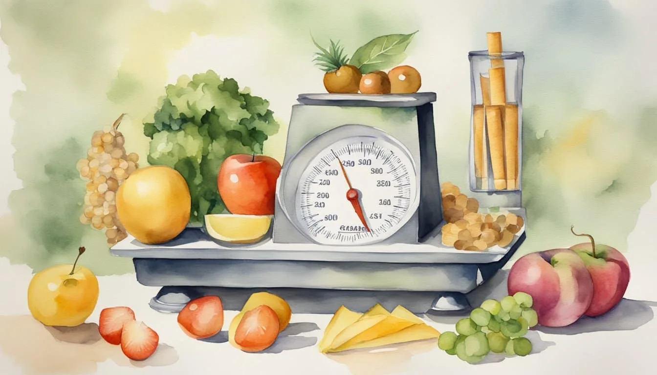 A scale with a cigarette on one side and healthy foods on the other, symbolizing the choice between smoking and weight management