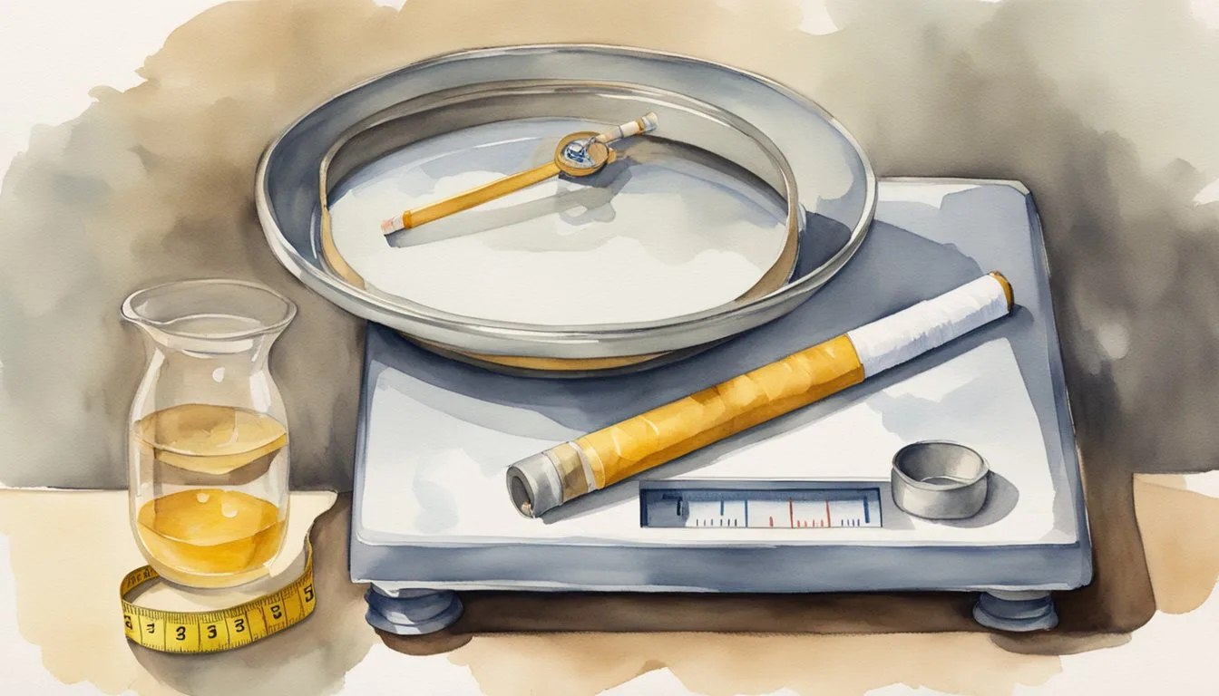 A cigarette sits on a scale, tipping towards the "fat" side. Nearby, a tape measure wraps around a cigarette, showing a decreasing measurement