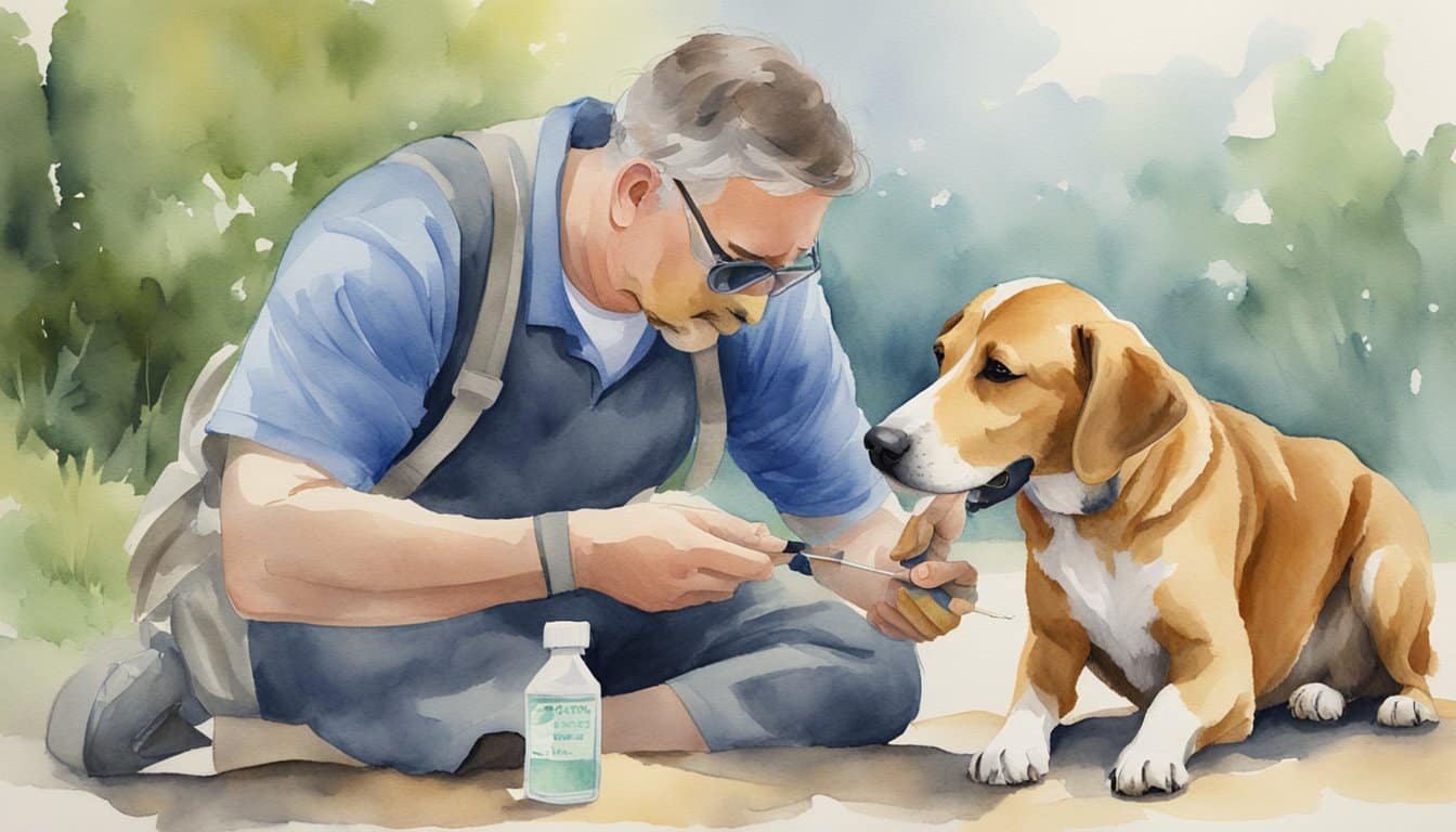 A vet administers a dog allergy shot, while the owner comforts the pet