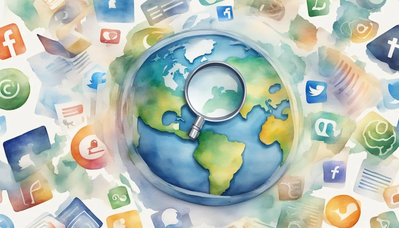 Social media icons swirl around a globe, while a magnifying glass hovers over a news feed, highlighting fake news articles