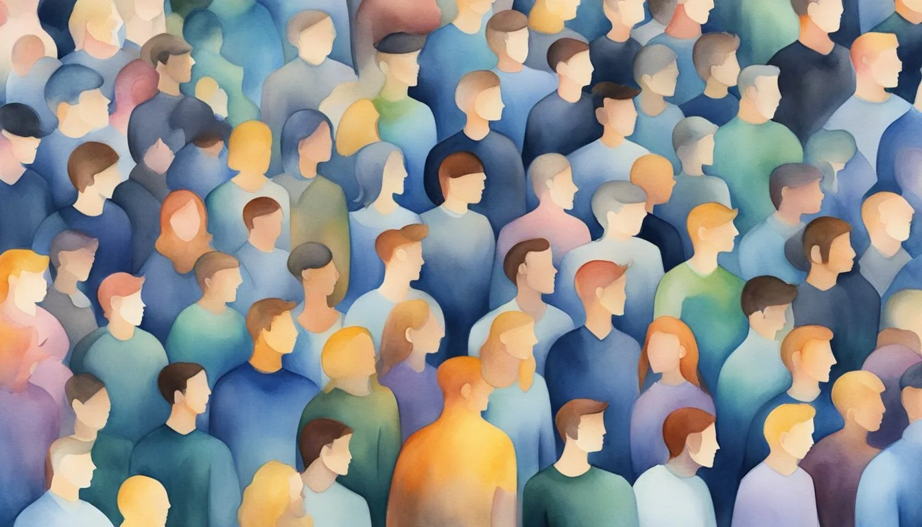 Social media icons morph into sinister creatures, casting shadows over a crowd of people. Anxious faces peer at their screens, absorbing toxic misinformation