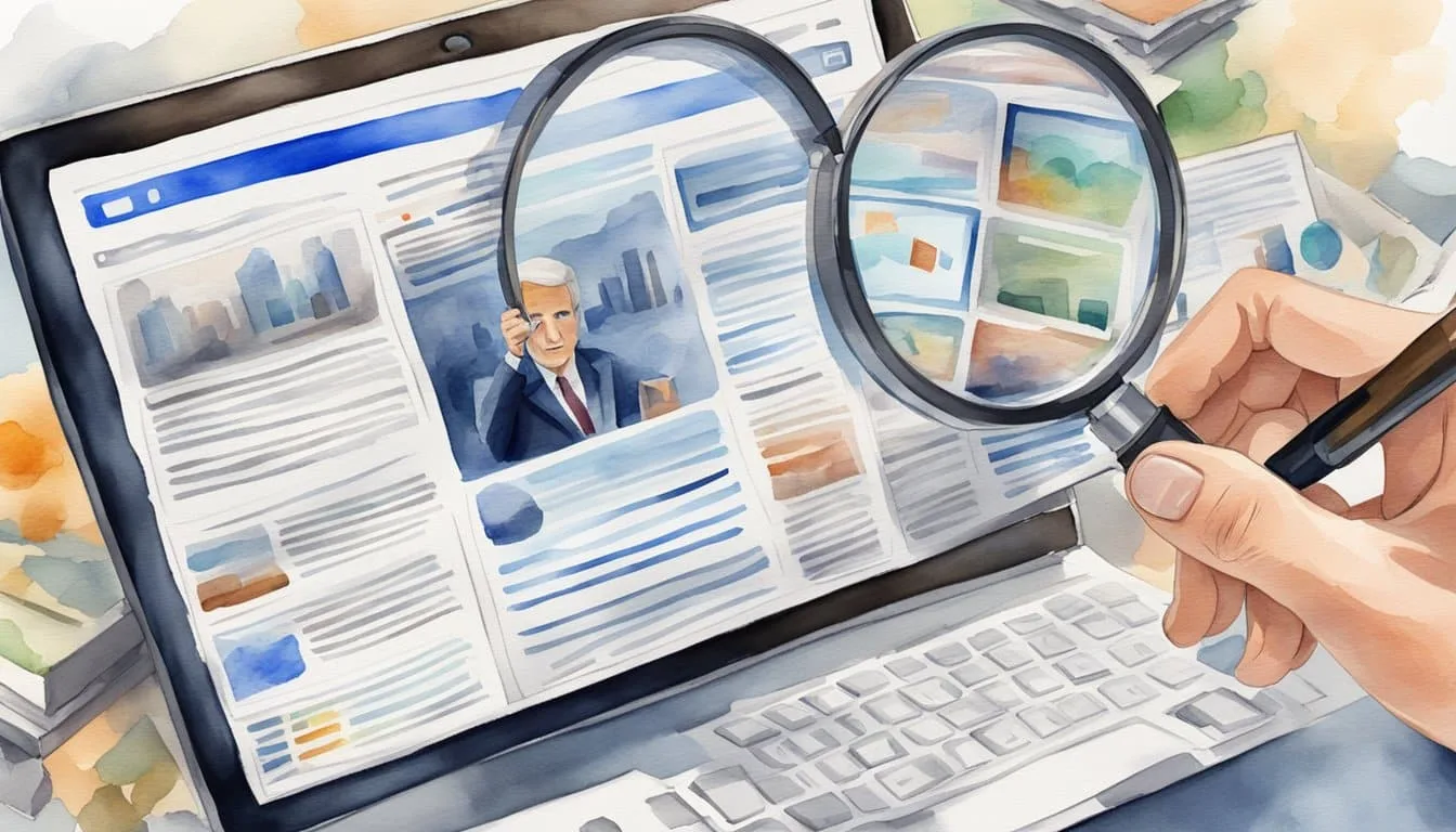 A computer screen displays a social media feed with a mix of credible and fake news articles. A person is using a magnifying glass to scrutinize the content
