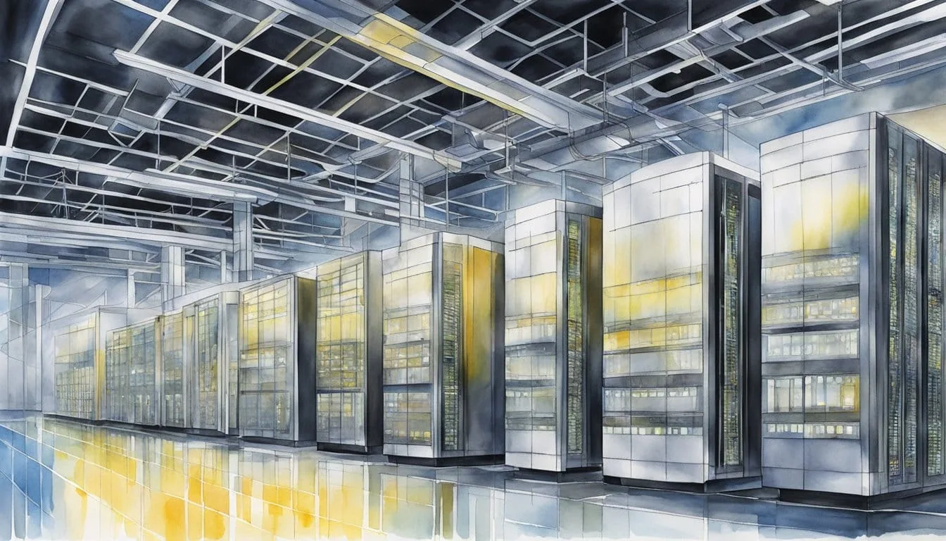 The Frontier Supercomputer hums with power, its sleek metallic exterior gleaming under the bright lights of the high-tech facility. A web of cables and cooling systems surrounds it, emphasizing its status as the fastest computer in the world
