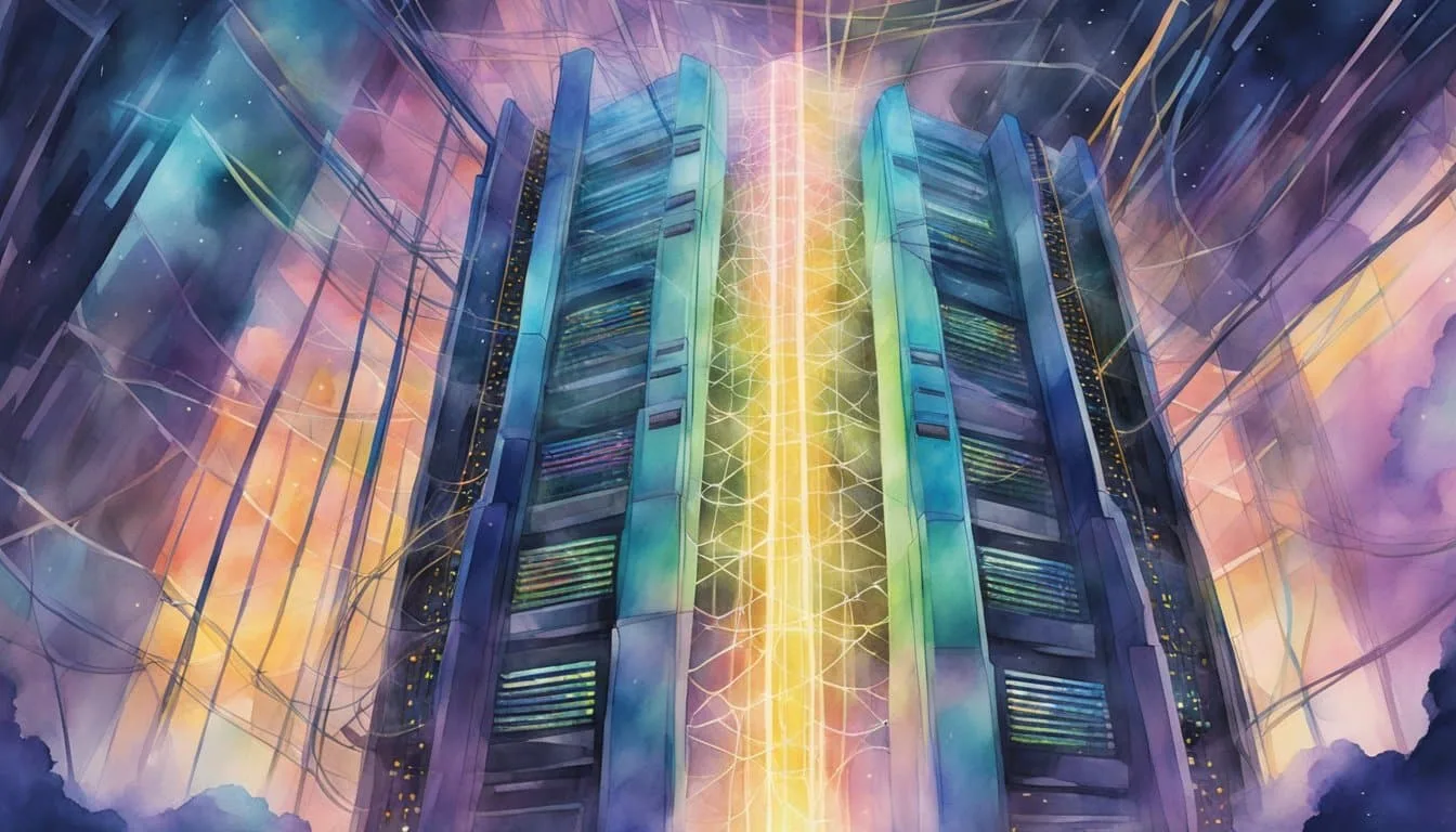 A massive, futuristic supercomputer tower hums with power, surrounded by a web of glowing data cables and pulsing with energy