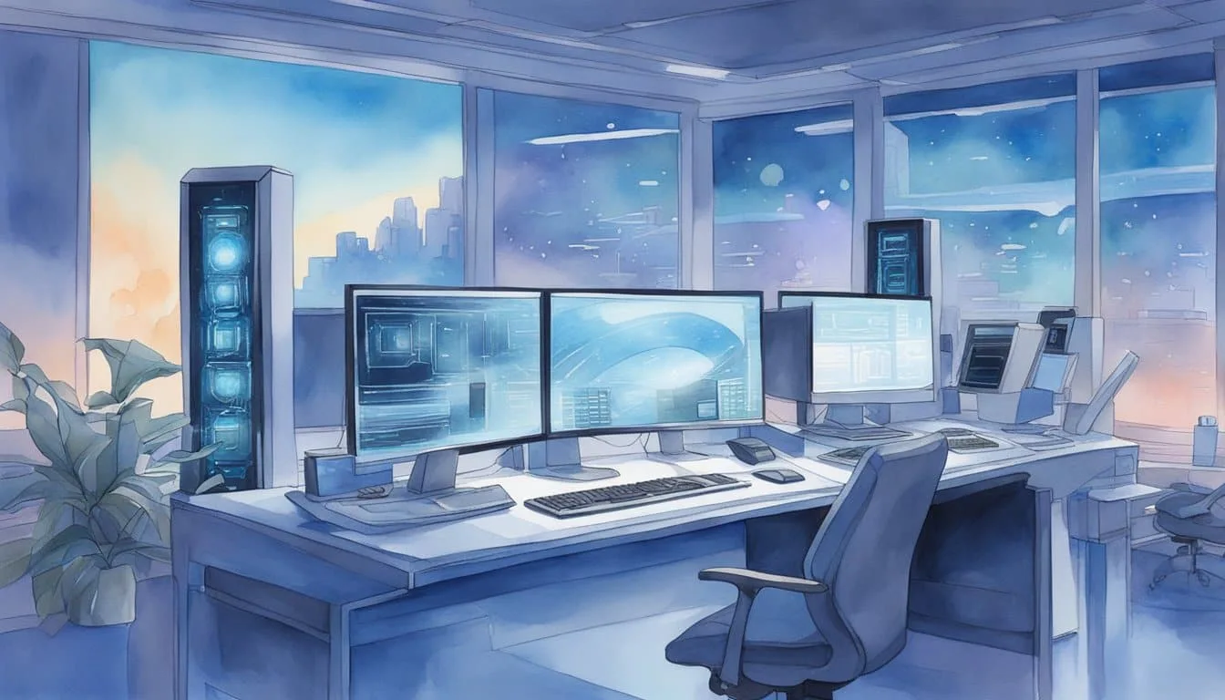 A sleek, futuristic computer tower sits atop a gleaming desk, surrounded by cutting-edge devices and monitors. The room is bathed in a soft, blue light, emphasizing the advanced nature of the technology