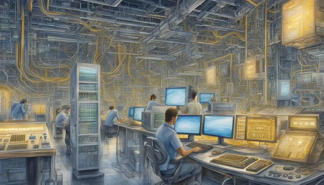 The world's fastest computer, surrounded by scientists and engineers, hums with power, its intricate circuitry glowing with energy. Its processing speed holds the potential to revolutionize scientific research and technological advancements