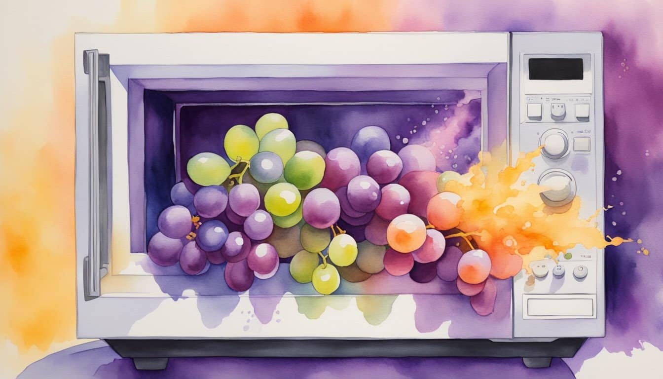 Grape plasma erupts in microwave, emitting vibrant purple light and crackling energy