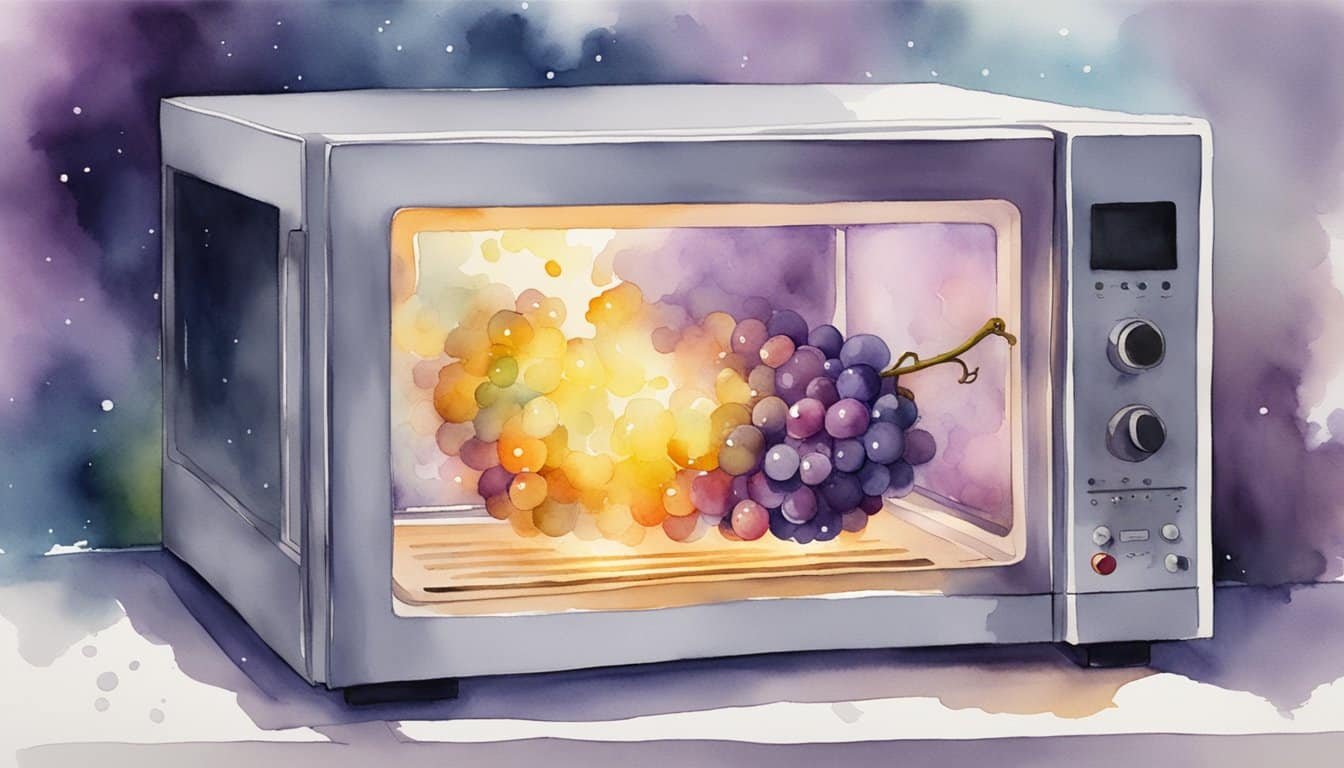 A grape inside a microwave, with sparks and smoke emerging, suggesting potential dangers and the need for further research