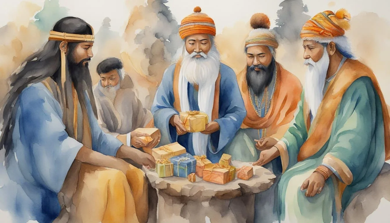 People from different cultures exchange gifts of hair and fur, symbolizing their unique traditions and customs