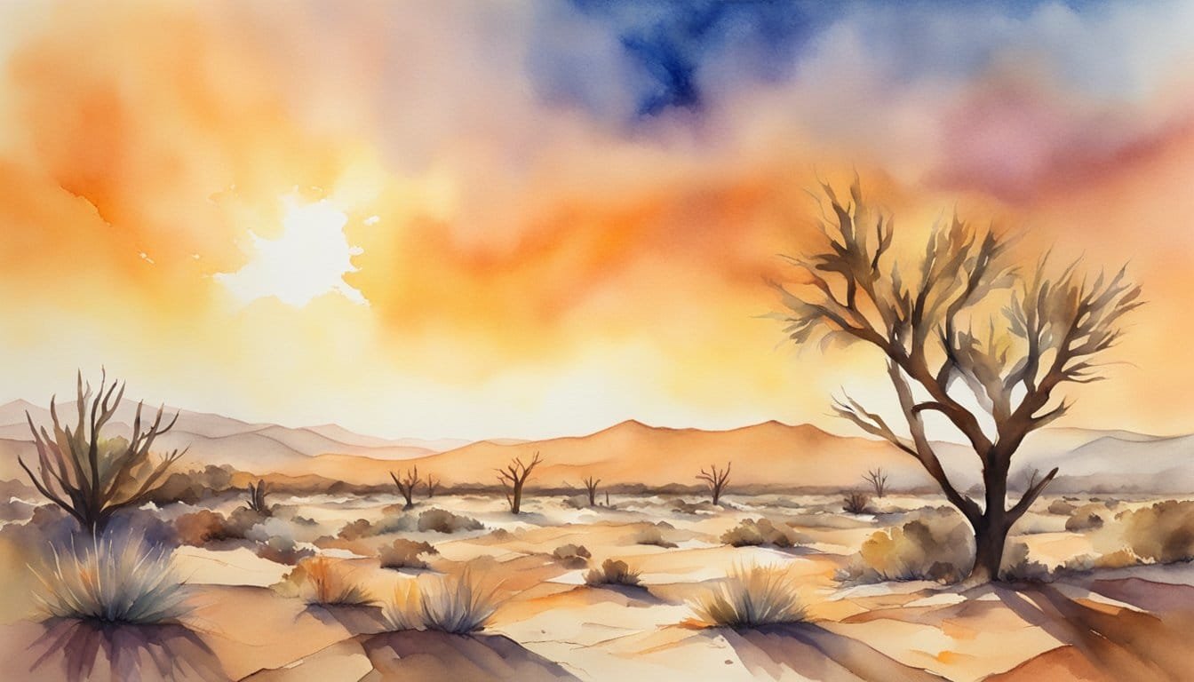 A scorching desert landscape, with shimmering heat waves rising from the cracked earth under a relentless sun